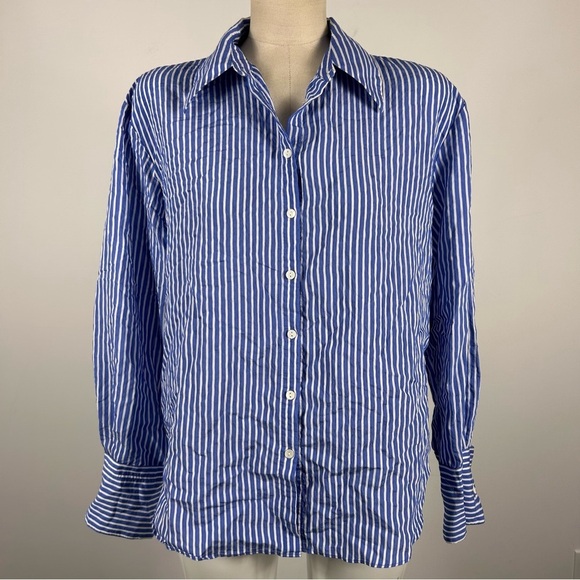 💕 Mango Blue and White Striped Button-Up Shirt 6 - Picture 3 of 12